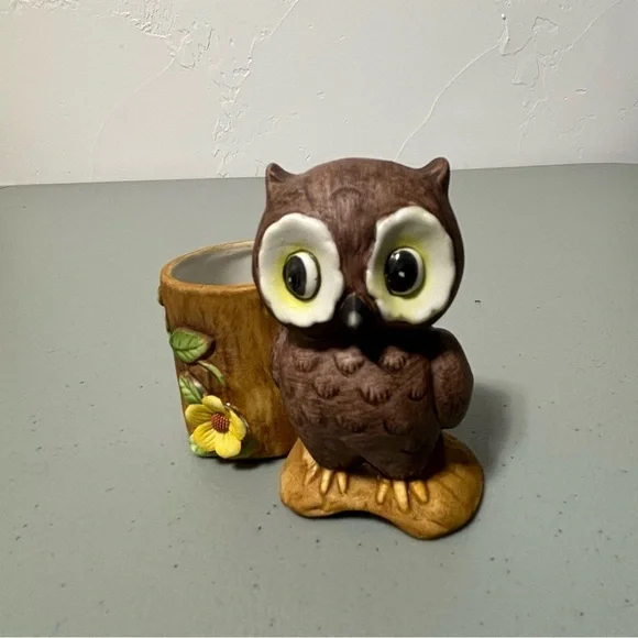 Owl Figurine Tree Stump Flower VTG Made in Korea - Picture 2 of 12